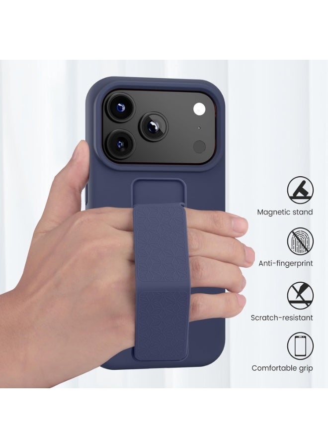 جراب سيليكون مزود بمسند لهاتف iPhone 17 Pro، متوافق مع iPhone 17 Pro، حامل رأسي وأفقي مع حزام يد وغطاء معدني، جراب سيليكون سائل مرن وناعم مزود بمسند لهاتف iPhone 17 Pro - Image 5